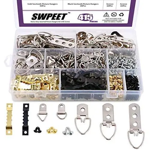 Swpeet 415Pcs Picture Hangers Kit with Screws, Heavy Duty Assorted Picture Hangers Assortment Kit for Picture Hanging Solutions with Transparent Box - 7 Models Swpeet 415Pcs Picture Hangers Kit with Screws, Heavy Duty Assorted Picture Hangers Assortment Kit for Picture Hanging Solutions with Transparent Box - 7 Models