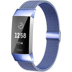 MioHHR Metal Bands Compatible with Fitbit Charge 3 / Charge 4 Bands for Women Men, Breathable Stainless Steel Replacement Wristband Accessories for Charge 3 SE Fitness Activity Tracker, Blue