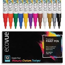 Oil Based Paint Pen Markers Fine Tip in 12 Vivid, Permanent, Fast Drying Colors For Glass, Wood, Mugs, Rock, Metal, Clay