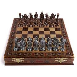 Medieval British Army Antique Copper Metal Chess Set for Adults,Handmade Pieces and Natural Solid Wooden Chess Board with Storage Inside King 3.35inc