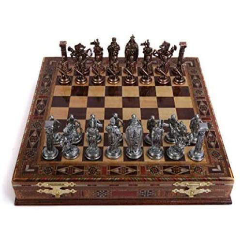 Medieval British Army Antique Copper Metal Chess Set for Adults,Handmade Pieces and Natural Solid Wooden Chess Board with Storage Inside King 3.35inc