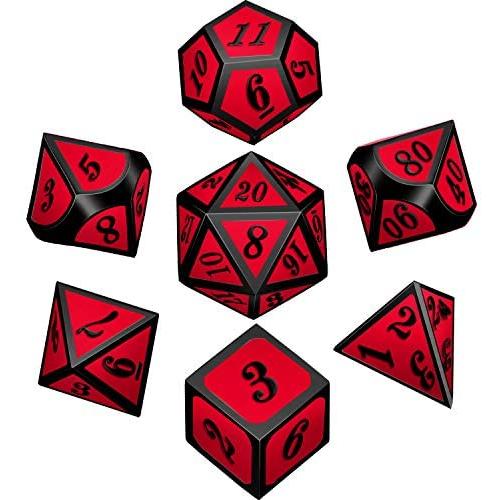 Bememo Polyhedral Metal Dices Set Zinc Alloy with Enamel Solid Metal for DND Game, Tabletop RPG, Dungeons and Dragons, Math Teaching, 7 Pieces Dice Set with Black Velvet Bag (Black Nickel Red)