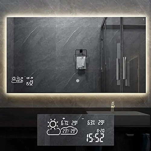 BYECOLD Horizontal Vanity Bathroom Mirror with Dimmable LED Light Touch Switch Demister Weather Forecast Lighted Makeup Mirror Wall Mirror-47.2x 23.6 BYECOLD Horizontal Vanity Bathroom Mirror with Dimmable LED Light Touch Switch Demister Weather Forecast Lighted Makeup Mirror Wall Mirror-47.2x 23.6