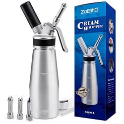 ZOEMO Profesional Whipped Cream Dispenser - Ugraded Full Metal Cream Whipper Canister, w/Durable Metal Body & Head with 3 Stainless Steel Decorating Tips (Professional Silver 500 ML)