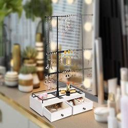 Keebofly Jewelry Organizer Metal & Wood Basic Storage Box - 3 Tier Jewelry Stand for Necklaces Bracelet Earrings Ring White