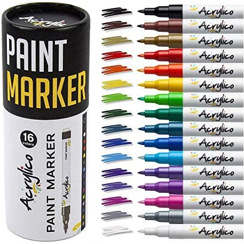 Paint Pens for Rock Painting, Stone, Ceramic, Glass, Wood. Set of 16 Colors Extra Fine Tip Point Acrylic Paint Markers