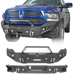 Hooke Road Ram 1500 Steel Bumper Front + Rear Full Width Bumper Combo with LED Lights & D-Rings for 2013-2018 Dodge Ram 1500 (Exclude Rebel)