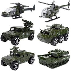 Shellvcase Diecast Military Vehicles, 6 Pack Army Toys Assorted Alloy Metal Model Cars Tank,Panzer,Anti-Air Vehicle,Helicopter Playset Gifts for Boys Kids Toddlers