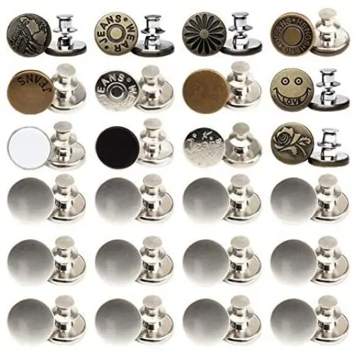 24 Sets Instant Button, No Sew Replacement Jean Buttons, 17mm Adjustable Metal Button Pins to Extend or Reduce Pants Waist Size 24 Sets Instant Button, No Sew Replacement Jean Buttons, 17mm Adjustable Metal Button Pins to Extend or Reduce Pants Waist Size