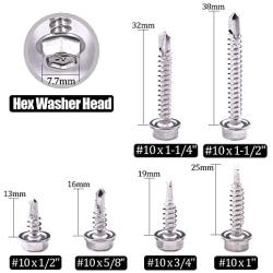 Hilitchi 410 Stainless Steel #10 Hex Washer Head Self Drilling Sheet Metal Tek Screws Assortment Kit Set with Drill Point, Self Driller, 200 Pieces