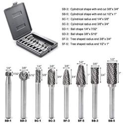 YUFUTOL Carbide Burr Set with 1/4(6.35mm) Shank 8pcs Double Cut Solid Carbide Rotary Burr Set for Die Grinder Drill, Metal Wood Carving, Engraving,Polishing,Drilling