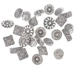 EORTA 50 Pieces Antique Metal Buttons with Shank Round/Square/Flower Shaped Decorative Button for Sewing, Crafting, Scrapbooking, Jeans, Coats, Antique Silver