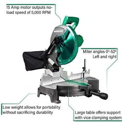 Metabo HPT C10FCGS Compound Miter Saw, 10-Inch, Single Bevel, 15-Amp Motor, 0-52° Miter Angle Range, 0-45° Bevel Range, Large Table, 10'' 24T TCT Miter Saw Blade