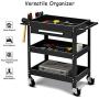 Goplus Service Tool Cart Tool Organizers, 330 LBS Capacity 3-Tray Rolling Utility Cart Trolley with Drawer, Industrial Commercial Service Cart, Mobile Storage Cabinet Organizer Dollies, Black