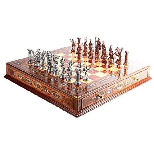 GiftHome Metal Chess Set for Adult Historical Antique Copper Rome Figures Handmade Pieces and Natural Solid Wooden Chess Board with Original Pearl Around Board and Storage Inside King 4 inc