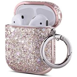 ULAK Glitter Designed Compatible with AirPods Case, Luxury Bling Leather with Mirror Surface Plating Hard Cover,Shockproof Protective Cover with Keychain for AirPod 2 & 1(LED Visible)(Pink Glitter)