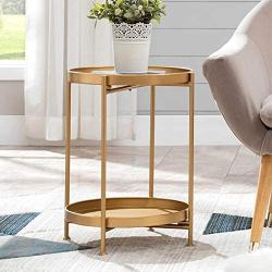 Gold Round End Side Table,Metal Tray Accent Table,Modern Bedside Table for Small Spaces