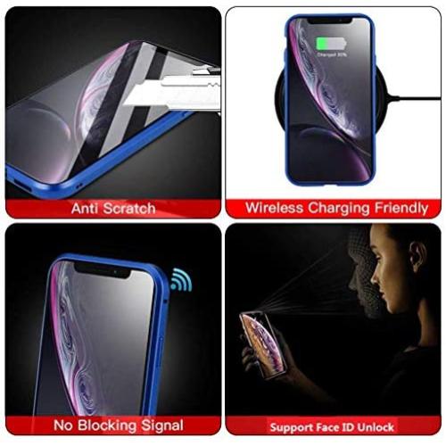 MIMEI Privacy Magnetic Case for iPhone 7/8 4.7inch Clear Double Sided Tempered Glass [Magnet Absorption Metal Bumper Frame] Thin Anti-Spy 360 Full Protective Phone Case 4.7'' 5.5'' (Blue, 7G/8G 4.7'')