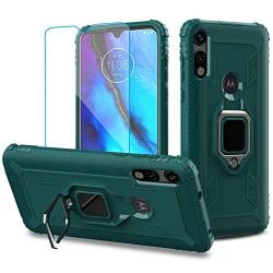 Newseego Compatible with Motorola Moto E 2020 Case with Tempered Glass Screen Protector 【1 Pack】 Metal Ring Holder Kickstand Work with Magnetic Car Mount Shockproof Protective Soft Cover-Dark Green