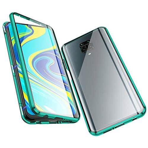 Jonwelsy Magnetic Adsorption Case for Redmi Note9 Pro, 360 Degree Front and Back Clear Tempered Glass Flip Cover, Metal Bumper Frame for Redmi Note9S (Green)