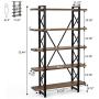 5 Tier Bookcase, LITTLE TREE Solid Wood 5-Shelf Industrial Style Bookcases and Book Shelves, Metal and Wood Free Vintage Bookshelf, Retro Brown