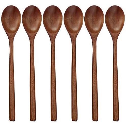 Wooden Spoons, 6 Pieces 9 Inch Wood Soup Spoons for Eating Mixing Stirring, Long Handle Spoon with Japanese Style Kitchen Utensil, ADLORYEA Eco Friendly Table Spoon