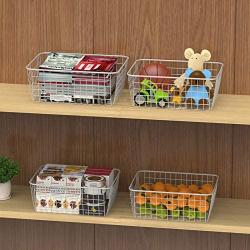 Wire Storage Basket, F-color Metal Household Storage Organizer Bin with 4 Built-in Handles for Pantry, Shelf, Freezer, Kitchen Cabinet, Bathroom, 4 Pack, White