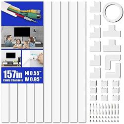 Cord Cover Raceway Kit, 157in Cable Cover Channel, Paintable Cord Concealer System Cable Hider, Cord Wires, Hiding Wall Mount TV Powers Cords in Home Office, 10X L15.7in X W0.95in X 0.55in, White