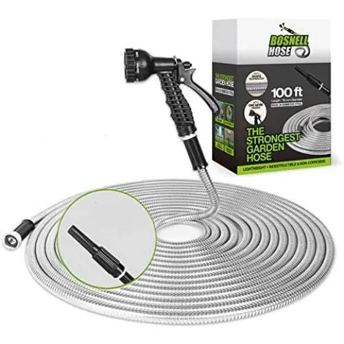 BOSNELL Stainless Steel Metal Water Hose - 100FT with 2 Nozzles, Lightweight, Heavy Duty, High Pressure, Flexible, Tangle Free & Kink Free Cool to Touch, Outdoor Yard Hose BOSNELL Stainless Steel Metal Water Hose - 100FT with 2 Nozzles, Lightweight, Heavy Duty, High Pressure, Flexible, Tangle Free & Kink Free Cool to Touch, Outdoor Yard Hose