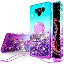 SOGA Rhinestone Glitter Bling Liquid Floating Quicksand Cute Phone Case Compatible for Samsung Galaxy Note 9 Case with Embedded Metal Ring for Magnetic Car Mounts Include Lanyard - Purple on Mint