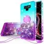 SOGA Rhinestone Glitter Bling Liquid Floating Quicksand Cute Phone Case Compatible for Samsung Galaxy Note 9 Case with Embedded Metal Ring for Magnetic Car Mounts Include Lanyard - Purple on Mint