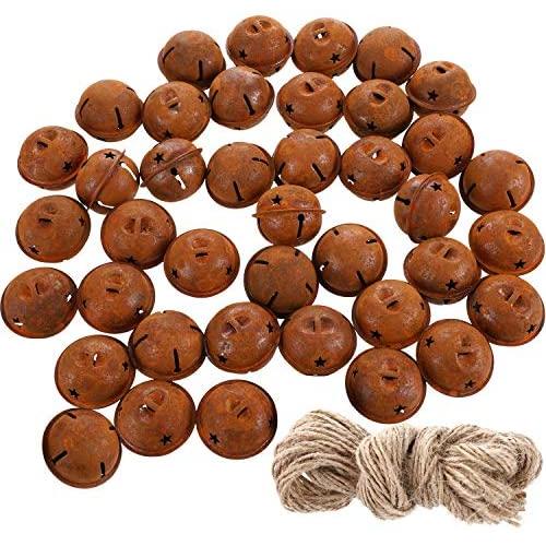 40 Pieces Christmas Rusty Jingle Bells Rustic Metal Bells Craft Bells with Star Design and Twine for Christmas Wreath Craft Decoration Supplies (1.57 Inches)