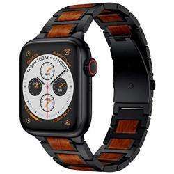 LDFAS Compatible for Apple Watch Band 44mm 42mm, Natural Wood Red Sandalwood Stainless Steel Metal Strap for iWatch Bands Compatible for Apple Watch SE, Apple Watch Series 6/5/4/3, Black