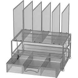 SimpleHouseware Mesh Desk Organizer with Sliding Drawer, Double Tray and 5 Upright Sections, Silver