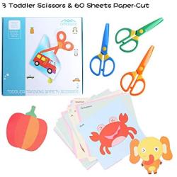 Plastic Safety Scissors, Toddlers Training Scissors, Pre-school Training Scissors and Offices Scissors (3pcs) Kids Paper-Cut (60 Sheets)