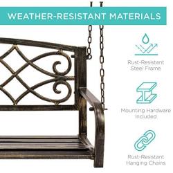 Best Choice Products 2-Person Metal Outdoor Porch Swing, Hanging Patio Bench w/Weather-Resistant Steel, 485lb Weight Capacity - Bronze