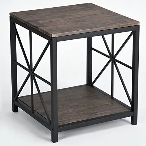 Vintage Dark Brown Black Metal Frame Side End Table with Lower Shelf Vintage Dark Brown Black Metal Frame Side End Table with Lower Shelf