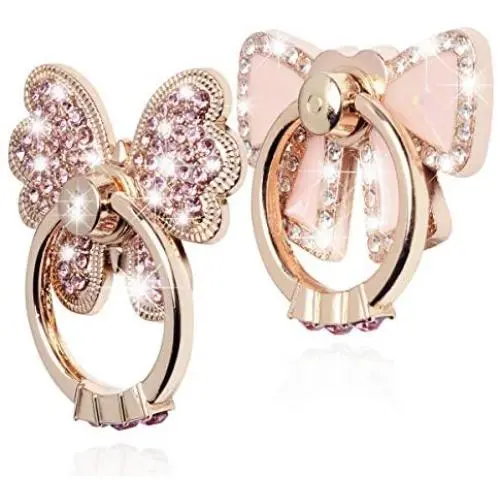 Finger Ring Stand,WATACHE 2 Pack Luxury Glitter Diamond Universal Metal Finger Ring Grip Holder Kickstand for iPhone Xs Max Xr X 8 7 6 6s Plus 5s,Galaxy S10 Plus S8 S7 S6 Note,All Smartphone,Pink/Bow