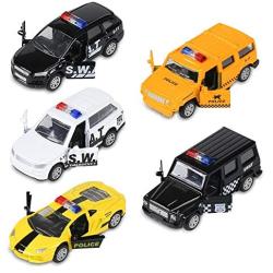 KIDAMI Die Cast Metal Little Toy Cars Set of 5, Openable Doors Pull Back Car Gift Pack for Kids (Police car)