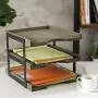 MyGift 3-Tier Rustic Brown Wood & Black Metal Document Tray, Desktop File Folder Organizer