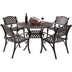 Kinger Home 5-Piece Cast Aluminum Patio Dining Set w/ 4 Chairs, Umbrella Hole, Lattice Weave Design - Antique Brown