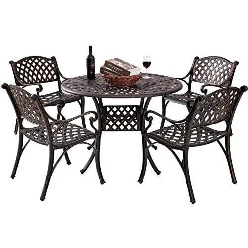 Kinger Home 5-Piece Cast Aluminum Patio Dining Set w/ 4 Chairs, Umbrella Hole, Lattice Weave Design - Antique Brown Kinger Home 5-Piece Cast Aluminum Patio Dining Set w/ 4 Chairs, Umbrella Hole, Lattice Weave Design - Antique Brown