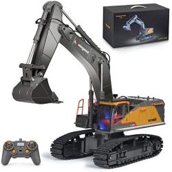 Remote Control Excavator Toy 1/14 Scale RC Excavator, 22 Channel Upgrade Full Functional Construction Vehicles Rechargeable RC Truck with Metal Shovel and Lights Sounds (1592-black)