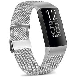 IEOVIEE Metal Loop Bands Compatible with Fitbit Charge 4 / Fitbit Charge 3 / Charge 3 SE Band, Adjustable Stainless Steel Magnetic Lock Replacement Wristbands (Large, Silver)