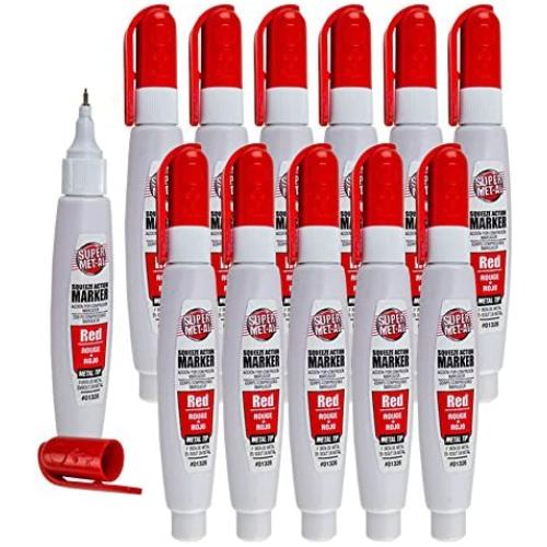 12 Pc Set Red Super Met-Al Fine Tip Paint Marker Pens Weatherproof 1.4mm Stroke Metal Stone Rubber Plastic Glass for Industrial Auto Arts AutoAndArt