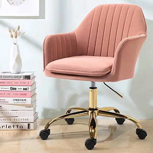 HOMHUM Modern Velvet Home Office Computer Desk Task Chair with Wheels, Mid-Back Adjustable Swivel with Arms Chair, Pink Vanity Chair with Gold Metal Base