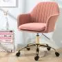 HOMHUM Modern Velvet Home Office Computer Desk Task Chair with Wheels, Mid-Back Adjustable Swivel with Arms Chair, Pink Vanity Chair with Gold Metal Base