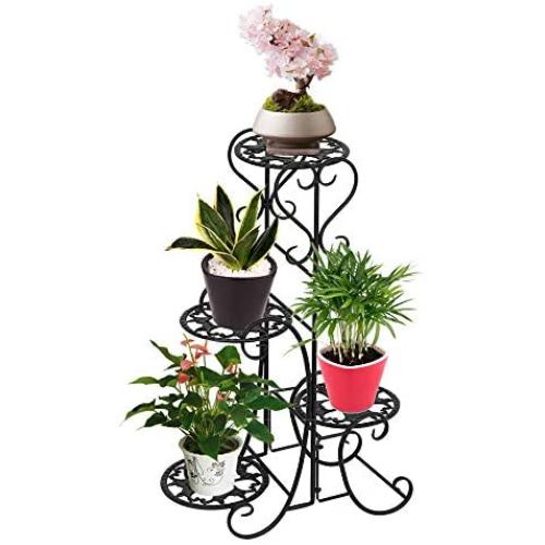 Plant Stand Metal Flower Holder Racks with 4 Tier Garden Decoration Display Wrought Iron 4 Layers Planter Rack Shelf Organizer for Indoor Outdoor, Black
