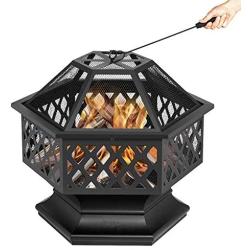 Bonnlo 24-Inch Outdoor Fire Pit with Mesh Screen and Poker Hex Shaped Metal Wood Burning Bonfire Pit for Outdoor Camping Patio Backyard Garden - 8”Deep Bowl