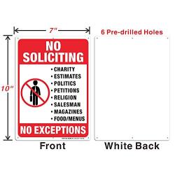 No Soliciting Sign for House, No Exception Metal Reflective Warning Sign 2 Pack, Sturdy 10 X 7 Rust Free .040 Aluminum Sign Indoor & Outdoor Use for Business, UV Protected & Waterproof, Easy to Mount